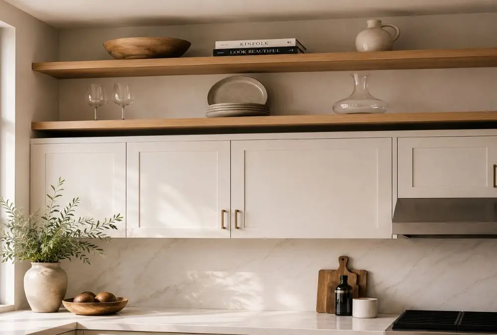 Open shelving as one of the best small kitchen organization ideas for visible storage