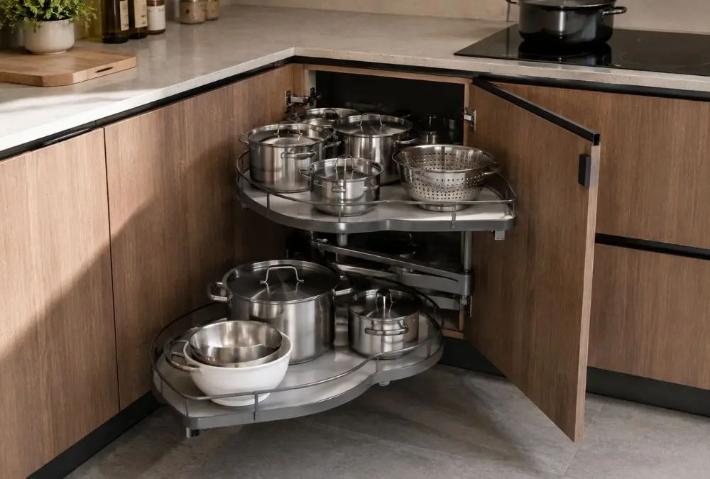 Small kitchen storage products: a blind corner pull-out rack solving a narrow cabinet gap