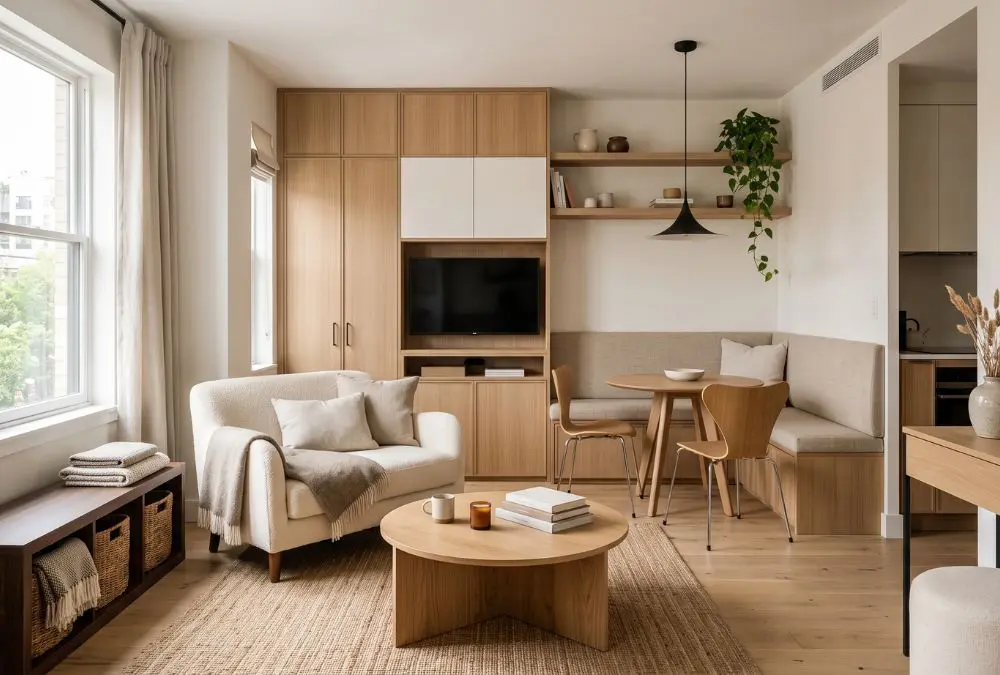 Small space storage ideas showing a organized studio apartment with built-in shelving, TV unit, and compact dining nook
