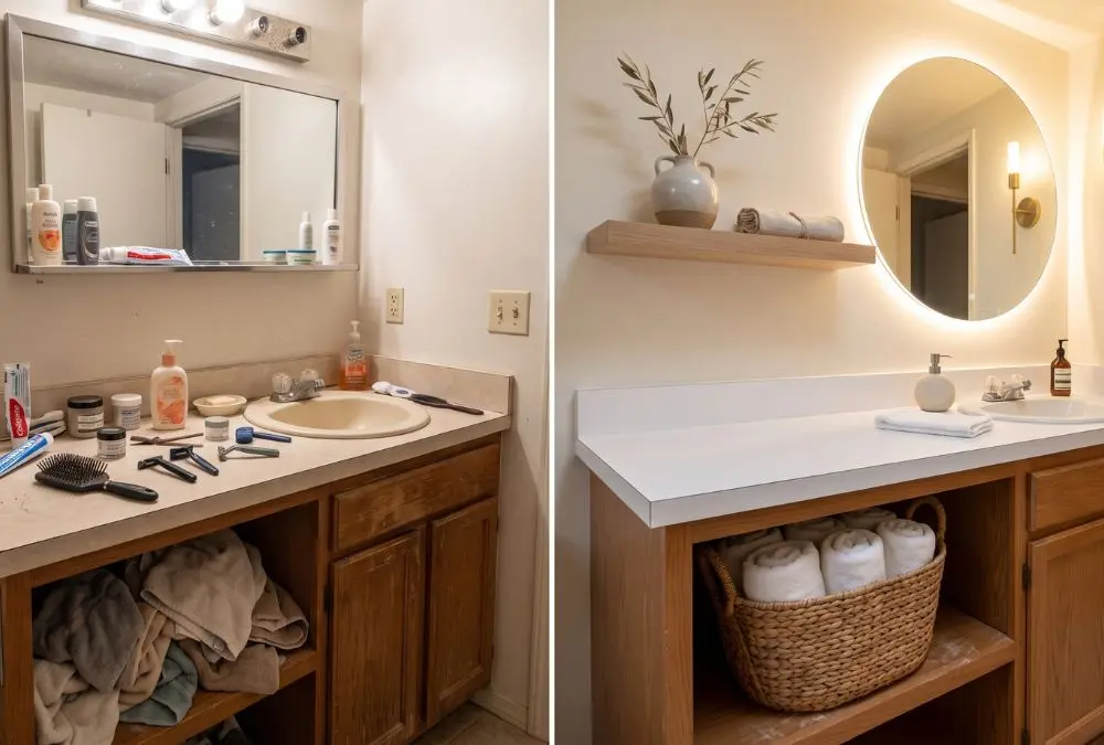 A before-and-after small bathroom storage makeover showing a cluttered vanity counter transformed into an organized setup with a round backlit mirror, floating shelf, and towel basket.