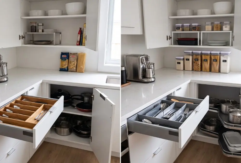 A before-and-after comparison of kitchen small space storage ideas, featuring clear labeled food containers, adjustable drawer dividers, and a pull-out corner cabinet rack.
