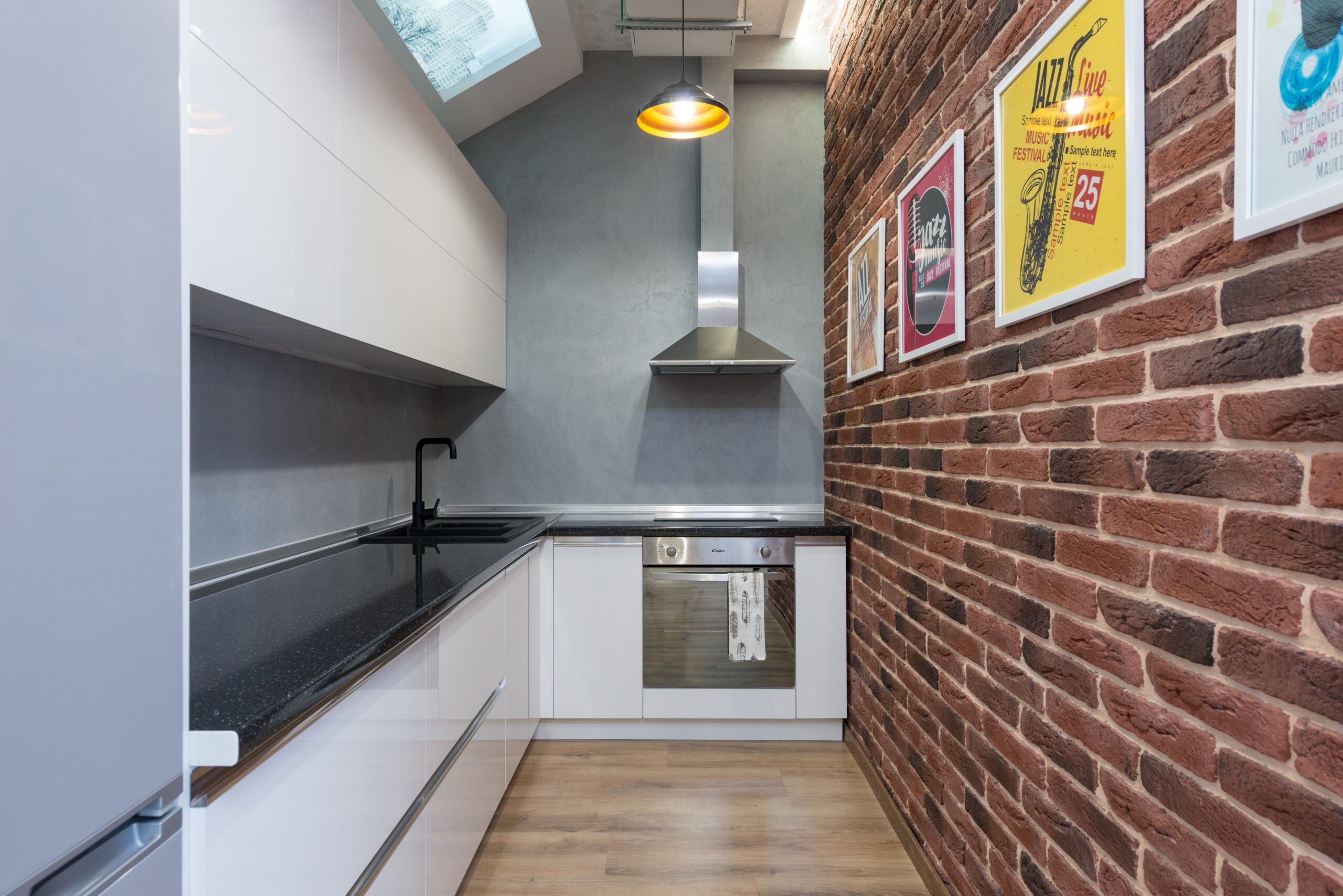 Galley kitchen layout with clear walking clearance between counters