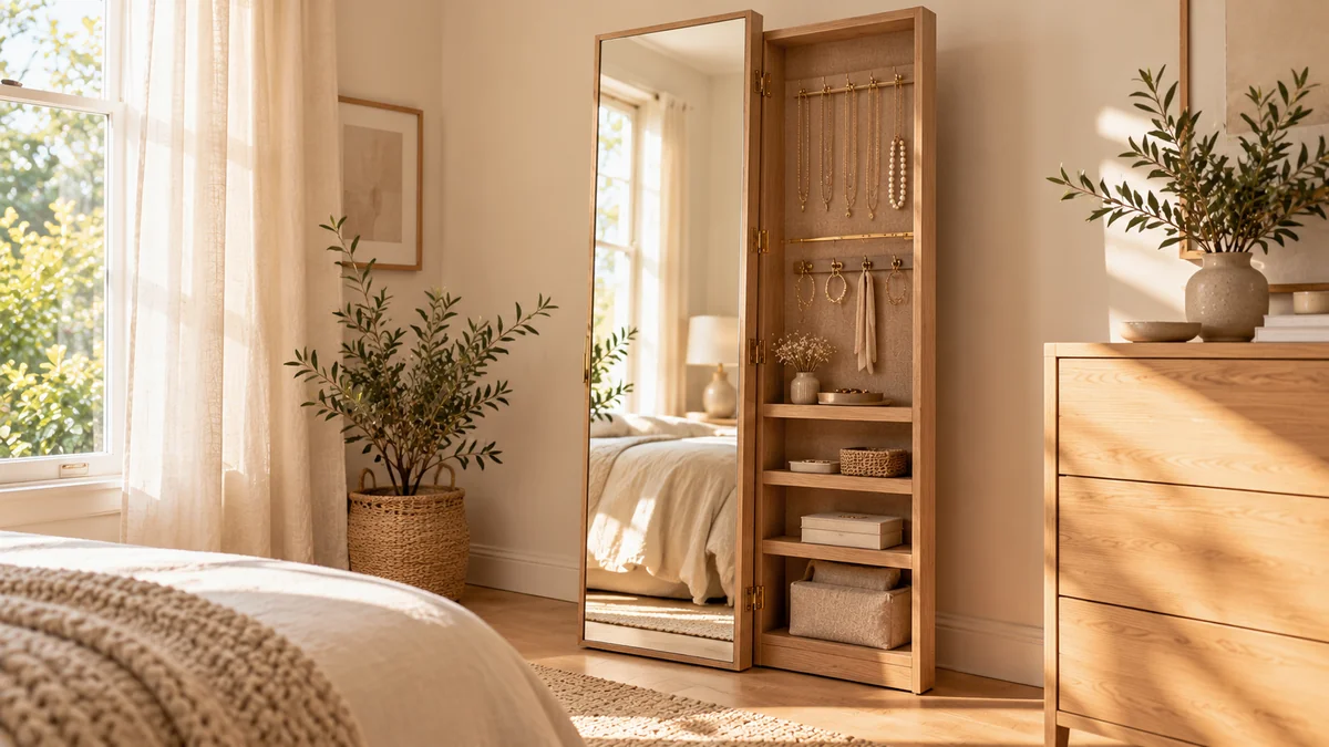 A tall mirror cabinet with a light oak frame opened to show jewelry hooks and small shelves inside