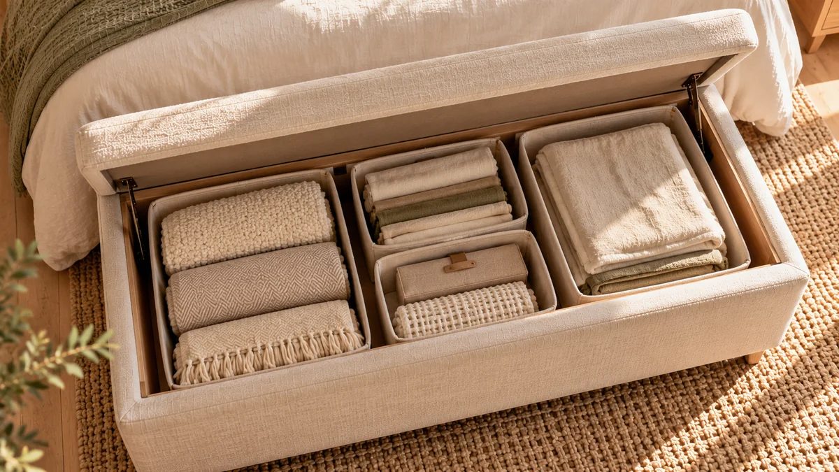 The inside of an open storage bench organized with fabric bins and neatly folded linens