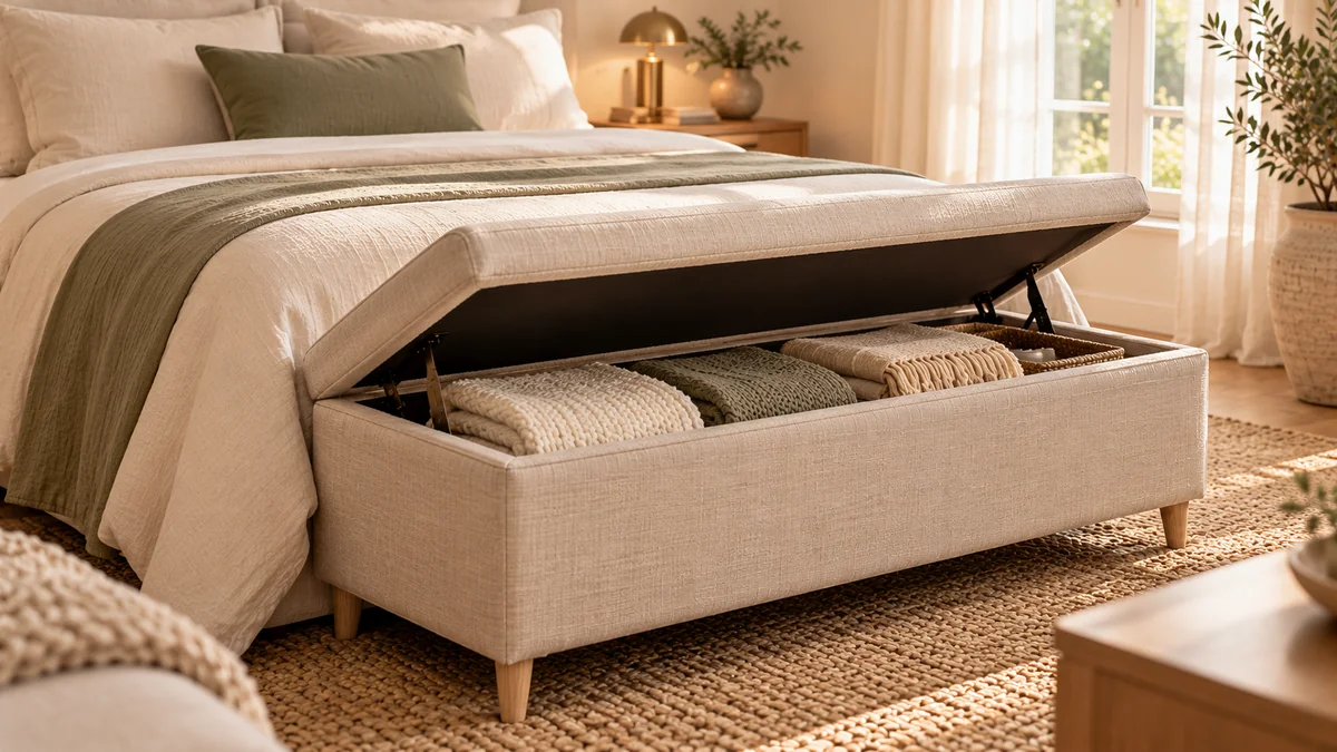 An upholstered storage bench with a lift-up seat at the foot of a bed, holding folded blankets in a calm bedroom