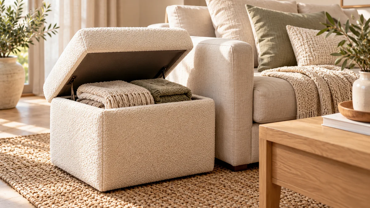 A cream boucle storage ottoman with its lid open, holding folded throws, beside a light linen sofa