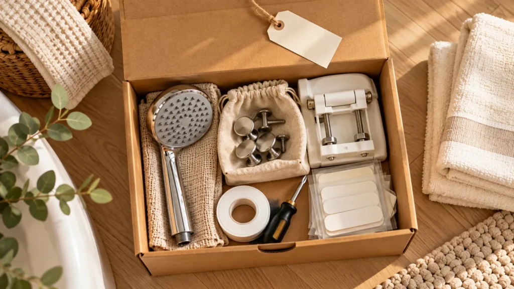 Labeled box of original bathroom fixtures for a rental