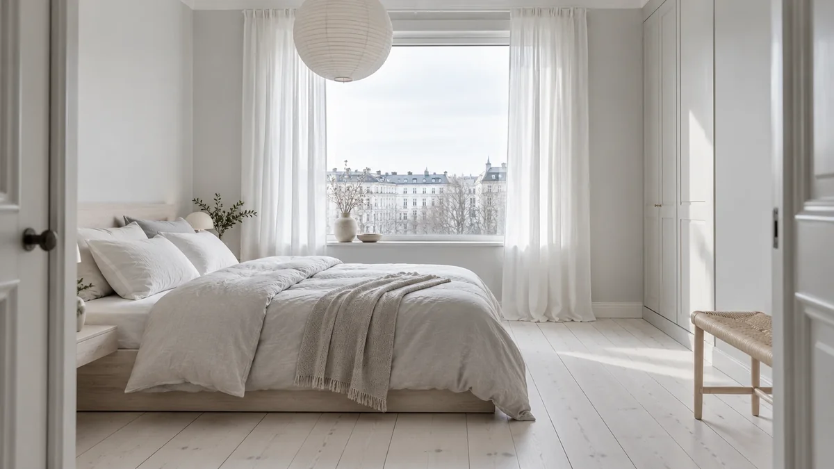 Small bedroom that looks bigger with light neutral walls, a low bed, and soft daylight from a window with sheer curtains