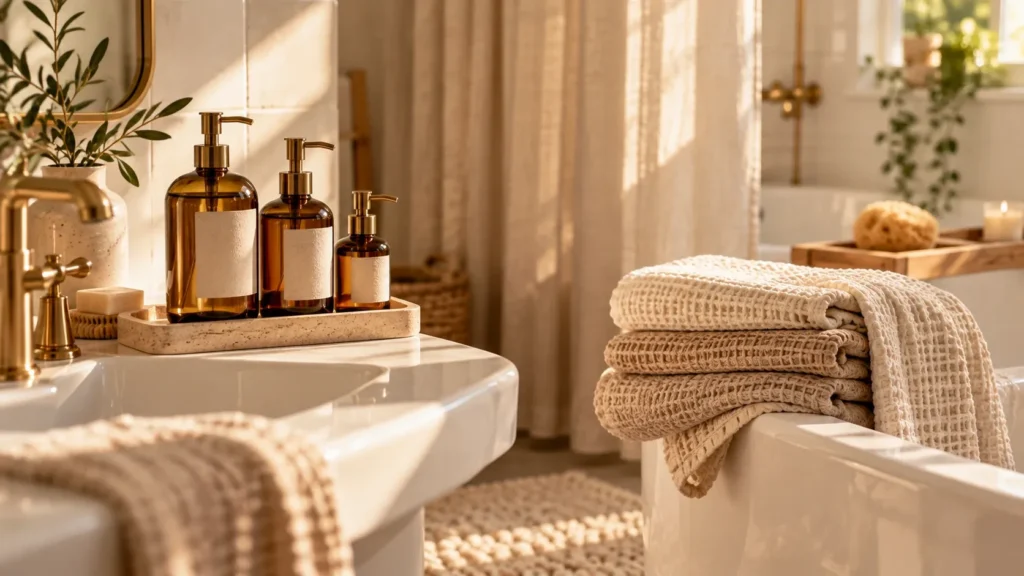 Matching dispensers and neutral towels in a rental bathroom