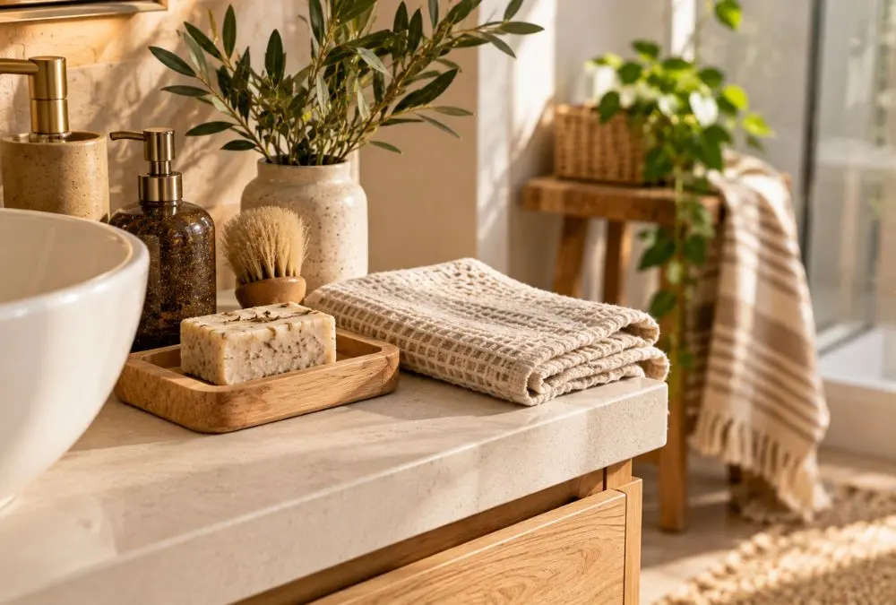 Minimalist bathroom decor with an oak soap tray, waffle-weave towel, stone dispenser, and olive branches