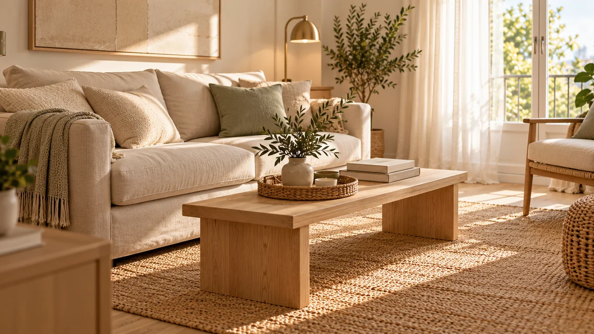 A light oak bench used as a coffee table in front of a linen sofa, holding a tray, books, and a small plant