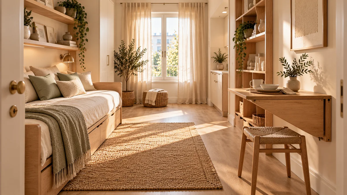 A calm small studio apartment with a daybed, a wall-mounted fold-down table, and open oak shelves, with an open floor