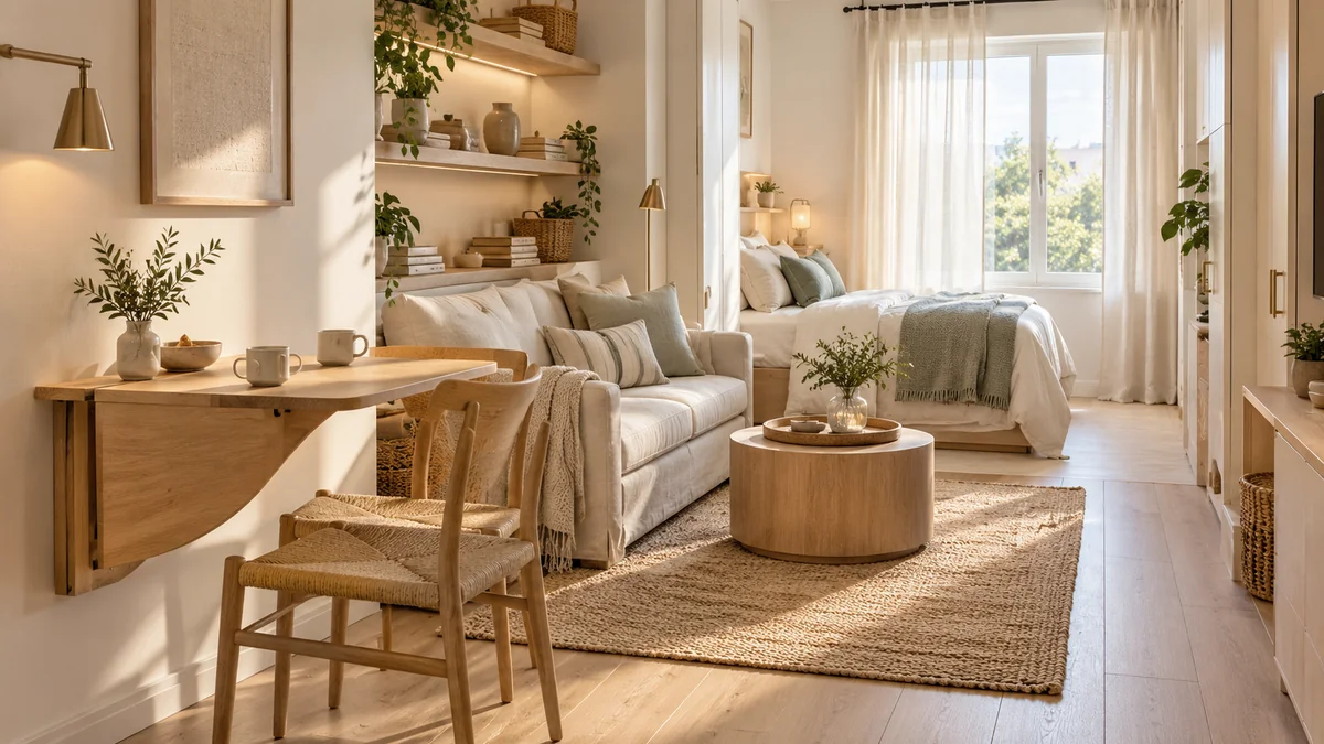 Multifunctional furniture for small spaces: a light oak wall-mounted drop-leaf table folded open beside a linen sofa bed in a small studio