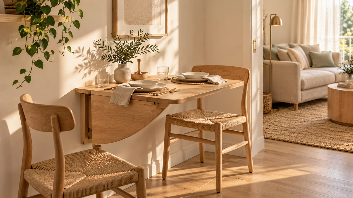 A light oak wall-mounted drop-leaf table with its leaf raised, set for two with ceramic plates, in a small dining nook