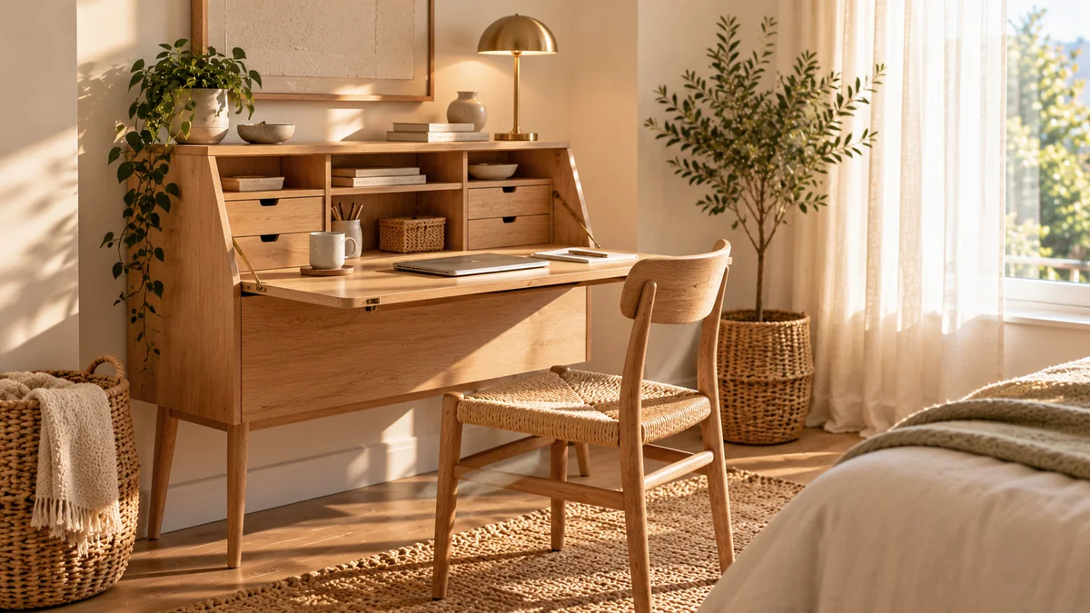 A light oak secretary desk with its front folded down as a writing surface, small drawers and a laptop inside