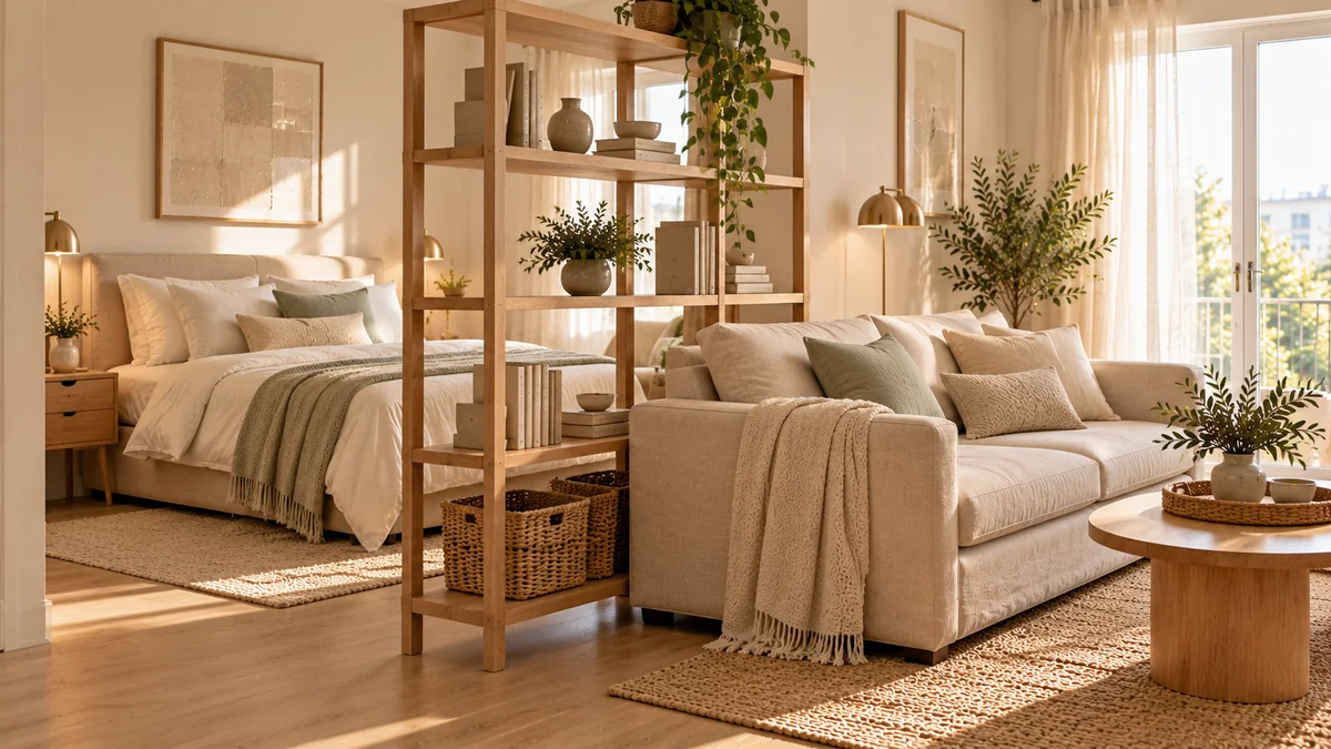 An open light oak shelving unit dividing a small studio, separating the bed area from a linen sofa, with books and baskets on the shelves