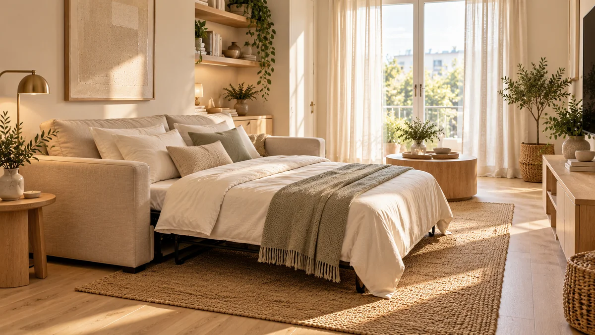 A linen sofa bed opened into a bed with cream bedding and a sage throw in a small living room with light oak floors