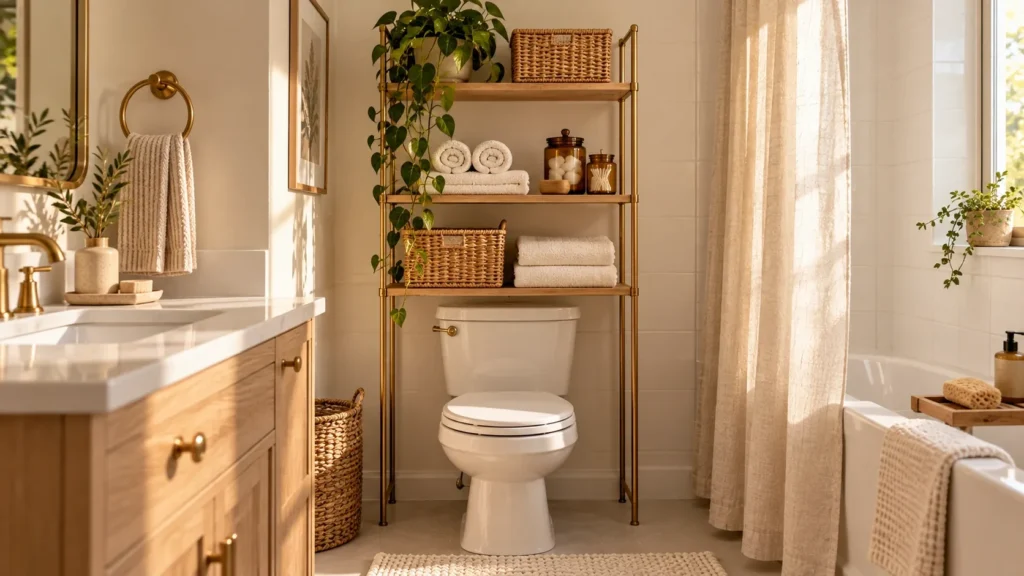 Over-the-toilet etagere in a renter friendly bathroom
