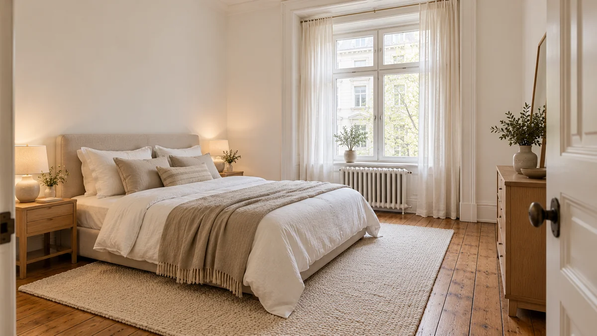 Rental bedroom with sheer linen curtains on a tension rod and a large cream rug layered over the existing floor