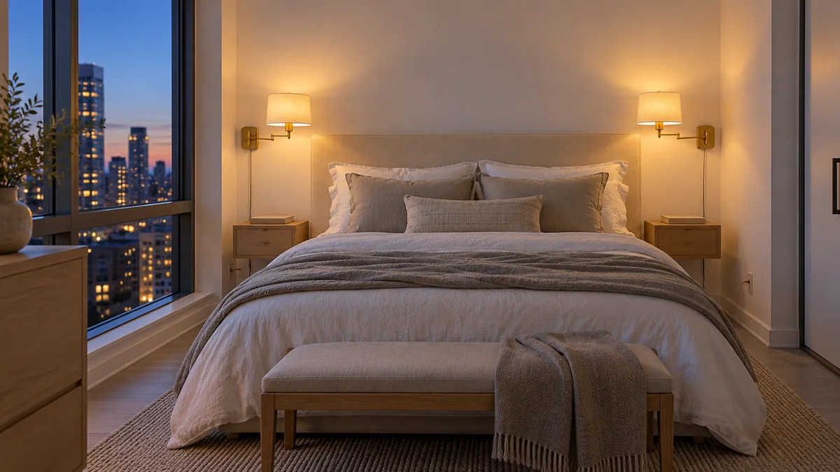 Plug-in brass wall sconces with linen shades on both sides of a bed in a small rental bedroom