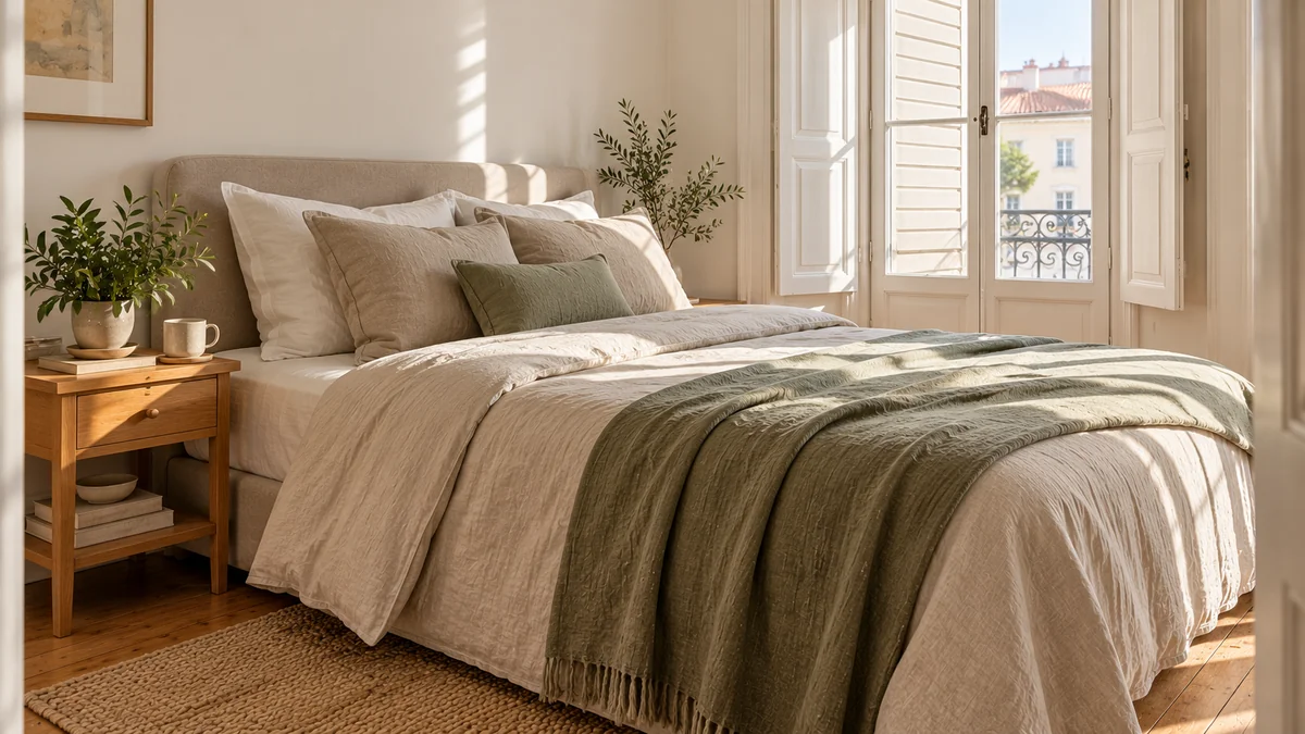 Rental bedroom refreshed with sand-colored bedding, a linen throw, and a small plant on the nightstand