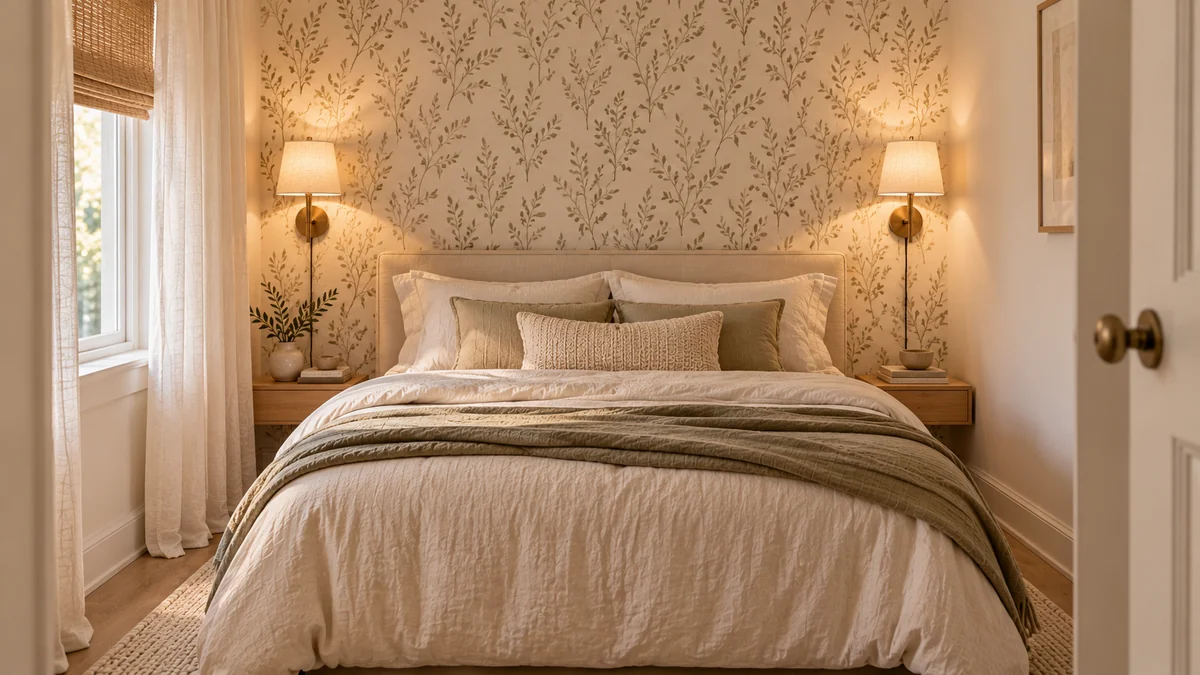 Renter-friendly small bedroom ideas: a peel-and-stick wallpaper accent wall behind the bed with plug-in sconces