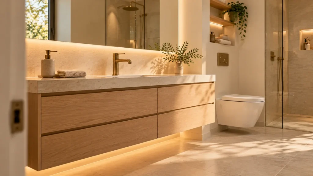 Floating vanity and clear counter in a small bathroom