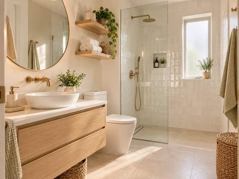 Small bathroom with floating oak vanity, round mirror and glass walk-in shower