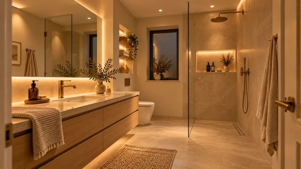 Clear glass shower panel and layered lighting in a small bathroom