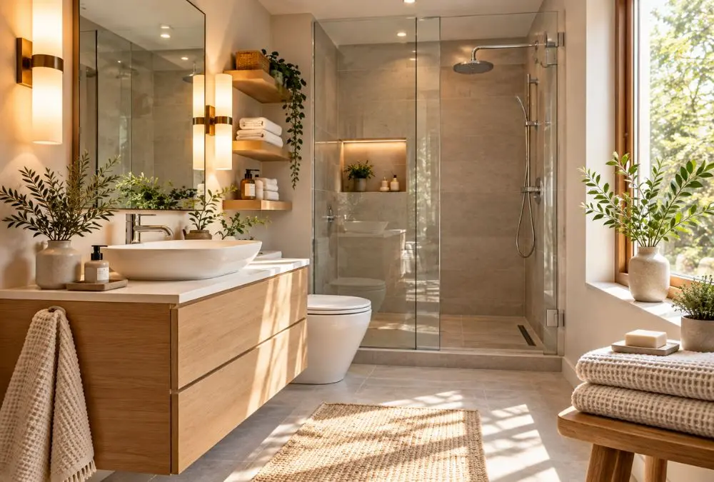Small bathroom ideas: floating oak vanity, glass walk-in shower, and warm natural light with linen towels and plants