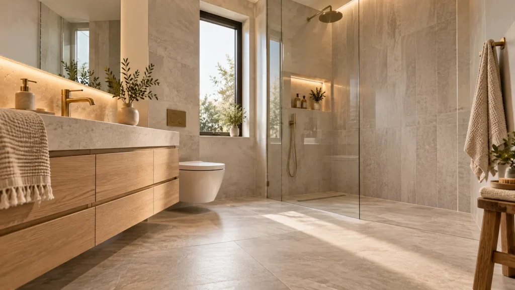 Large-format tiles making a small bathroom look bigger