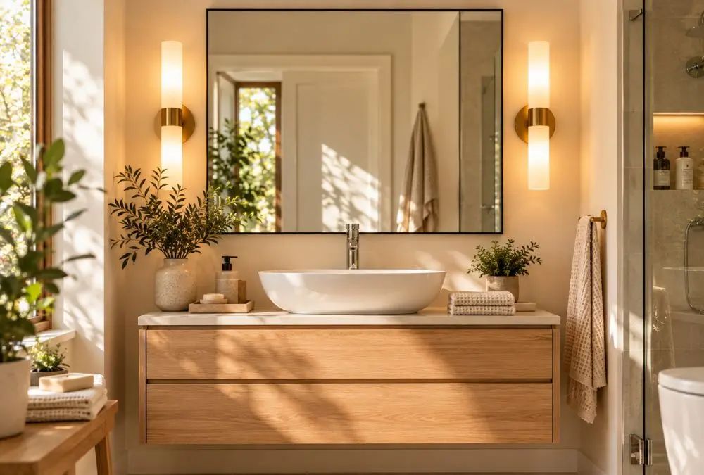 Large black-framed mirror above a floating oak vanity with brass wall sconces in a small bathroom
