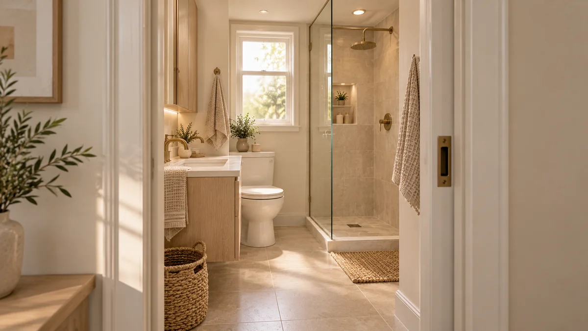 Small bathroom layout seen through an open pocket door, with a narrow oak vanity and a corner glass shower