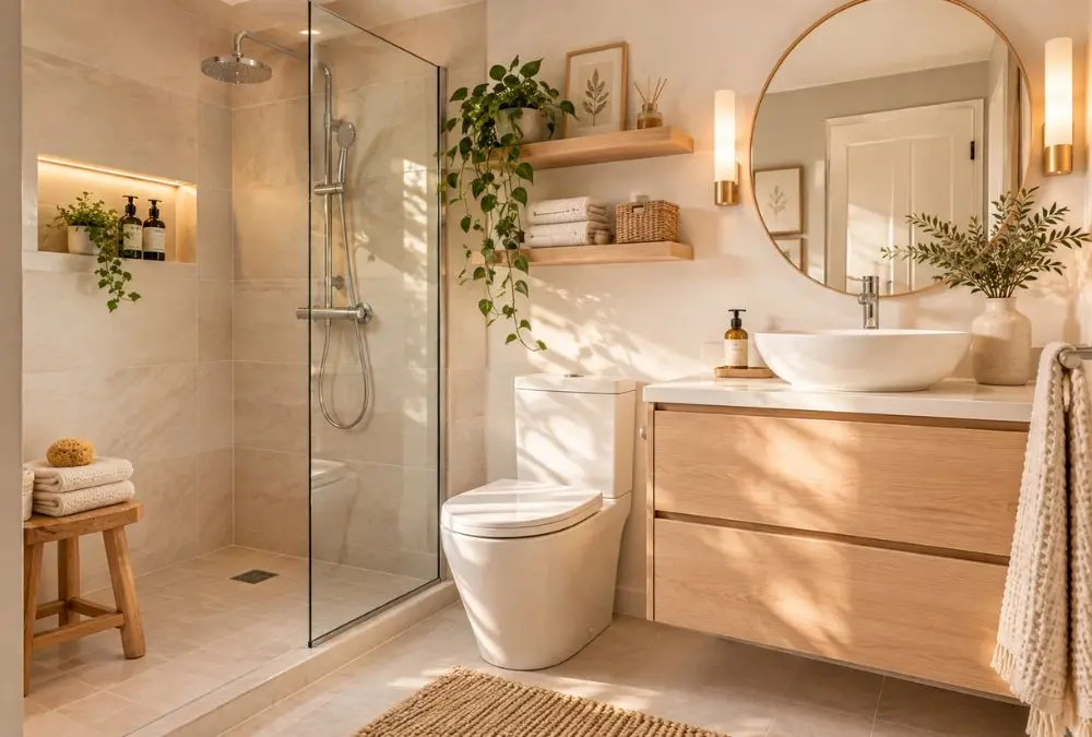 Small bathroom layout with a glass walk-in shower, toilet, and floating oak vanity in a single row
