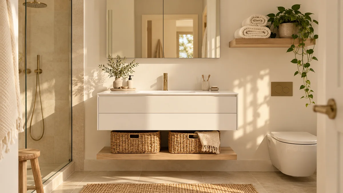 Small bathroom storage ideas: a white floating vanity with woven baskets on an oak shelf beneath, a mirrored cabinet, and a floating shelf with towels