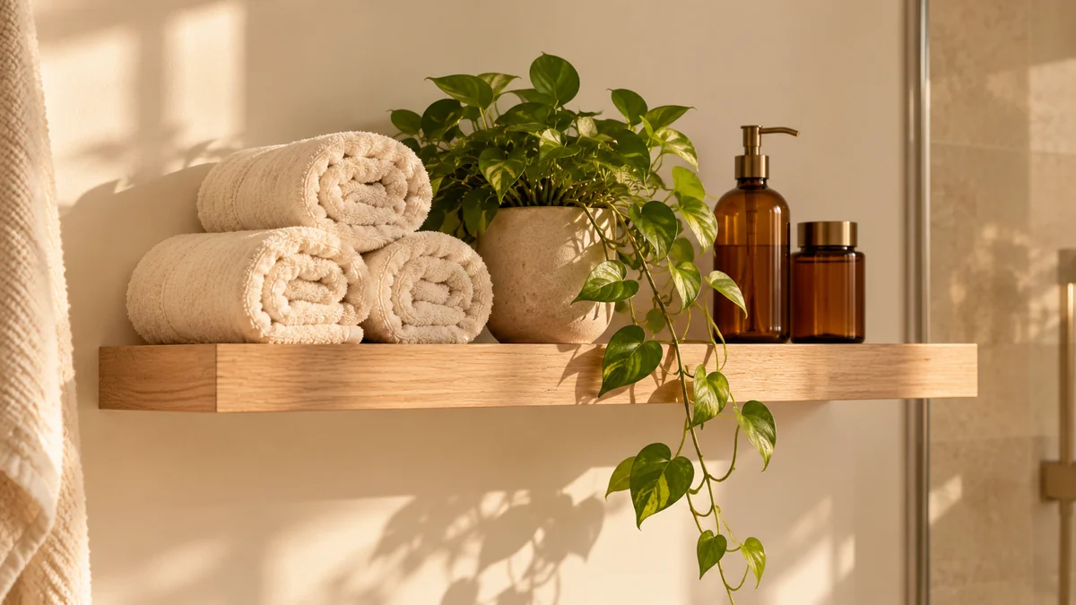 Small bathroom storage ideas: a single light oak floating shelf holding rolled towels, a plant, and amber glass bottles