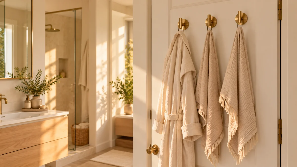 Small bathroom storage ideas: a row of brass hooks behind the door holding linen towels and a robe