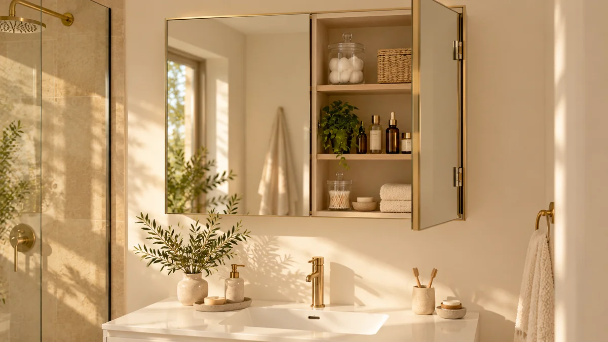 Small bathroom storage ideas: a brass-framed mirrored cabinet with one door open, showing glass jars, bottles, and folded towels inside