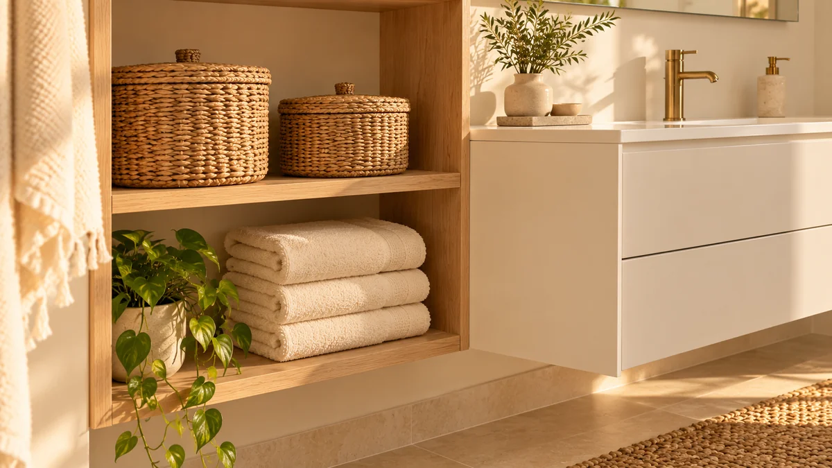 Small bathroom storage ideas: lidded woven baskets and folded cream towels on an open oak shelf beside a floating vanity