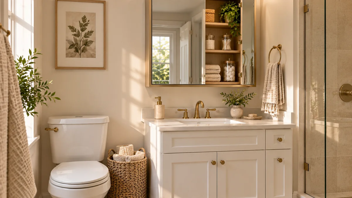 A woven jute basket for spare supplies and a brass-framed mirrored cabinet above a white vanity