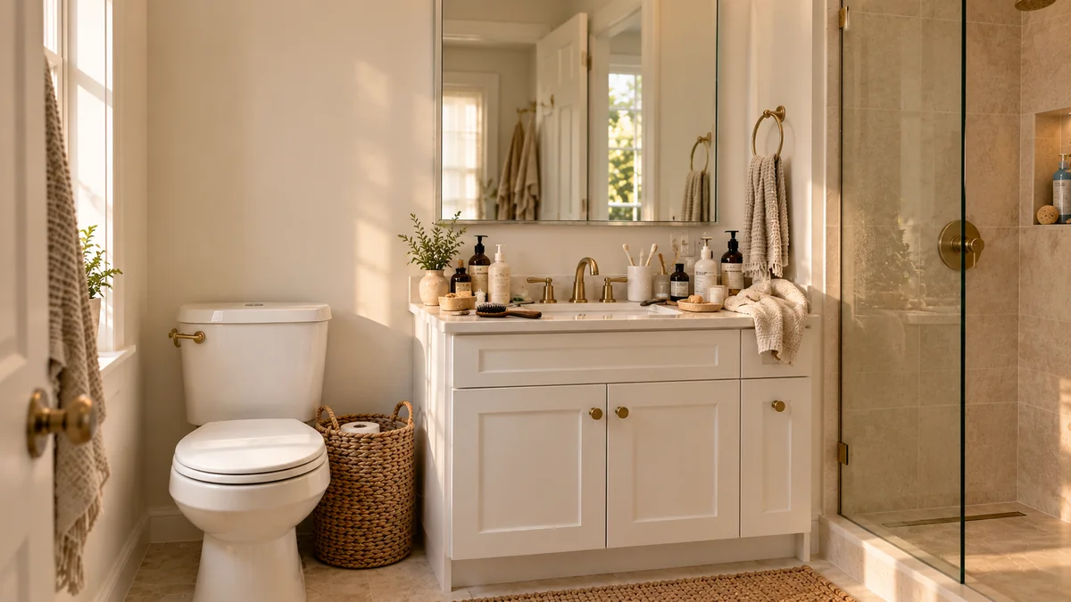 Before a small bathroom storage makeover: a cluttered vanity counter covered in bottles, with no shelves or storage system