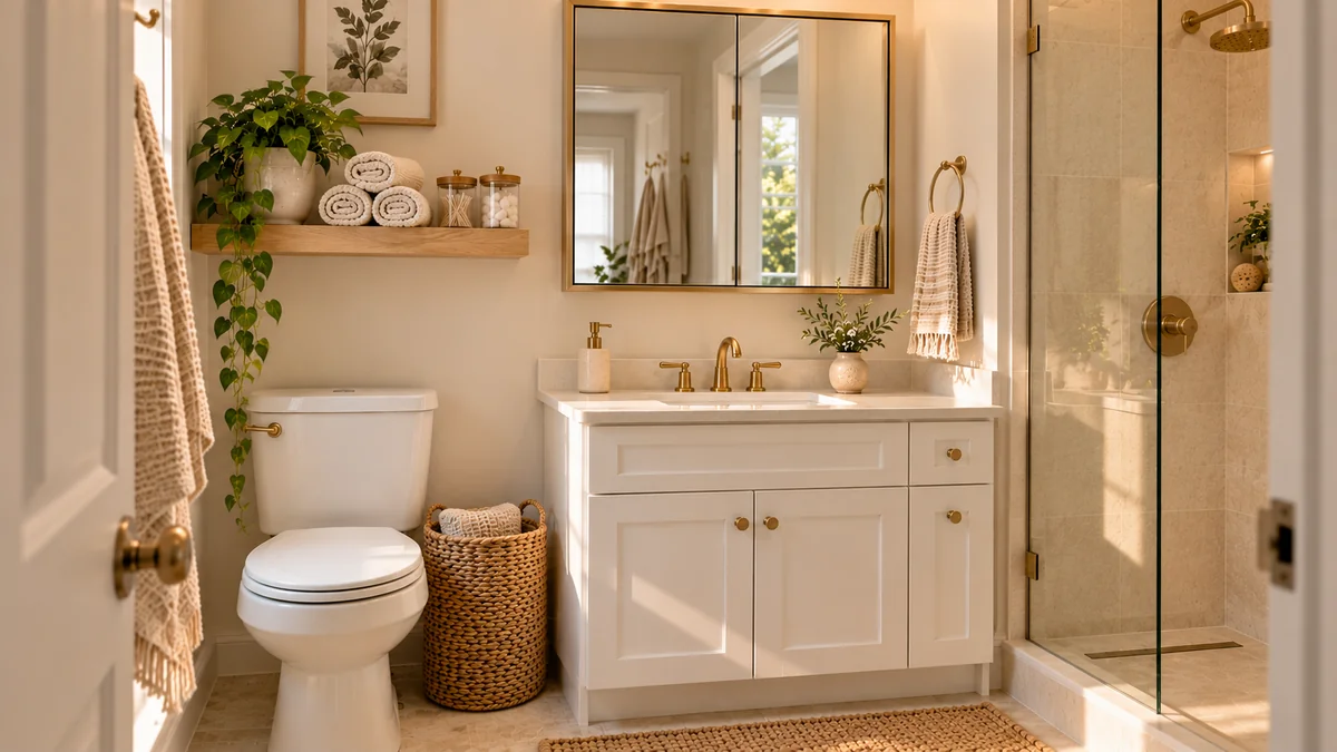 Small bathroom storage makeover: a floating oak shelf above the toilet, a woven basket, and a brass mirrored cabinet above a white vanity