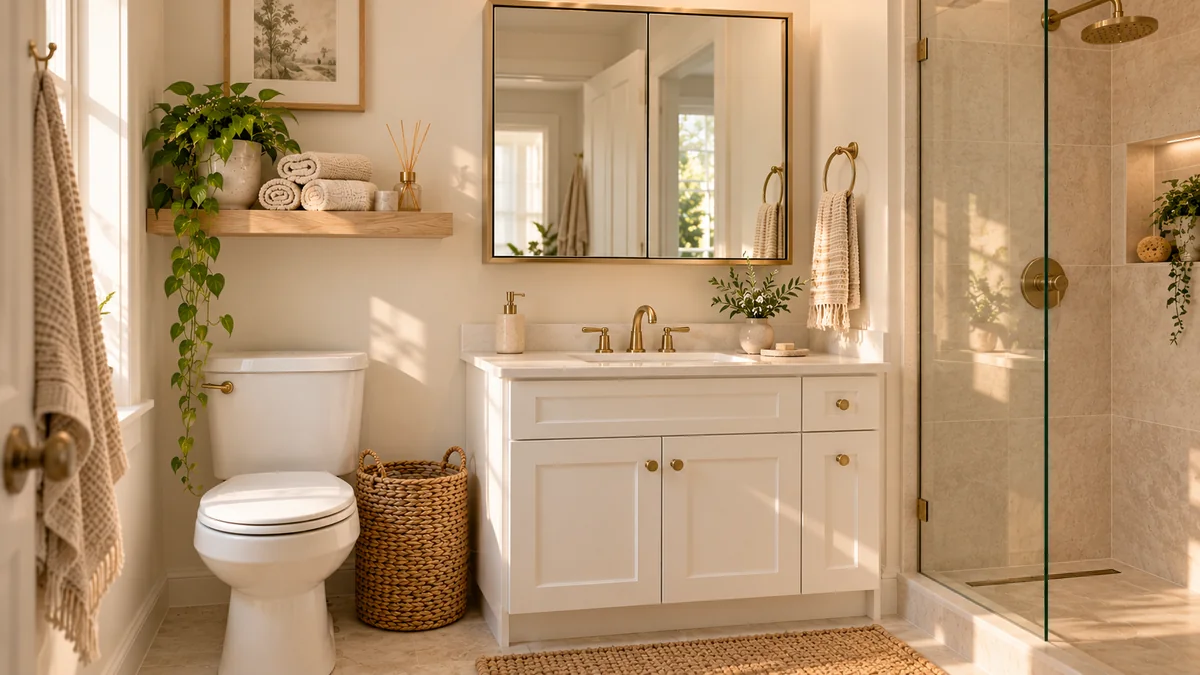 After the small bathroom storage makeover: a calm cream and oak bathroom with a clear counter and everything in its place