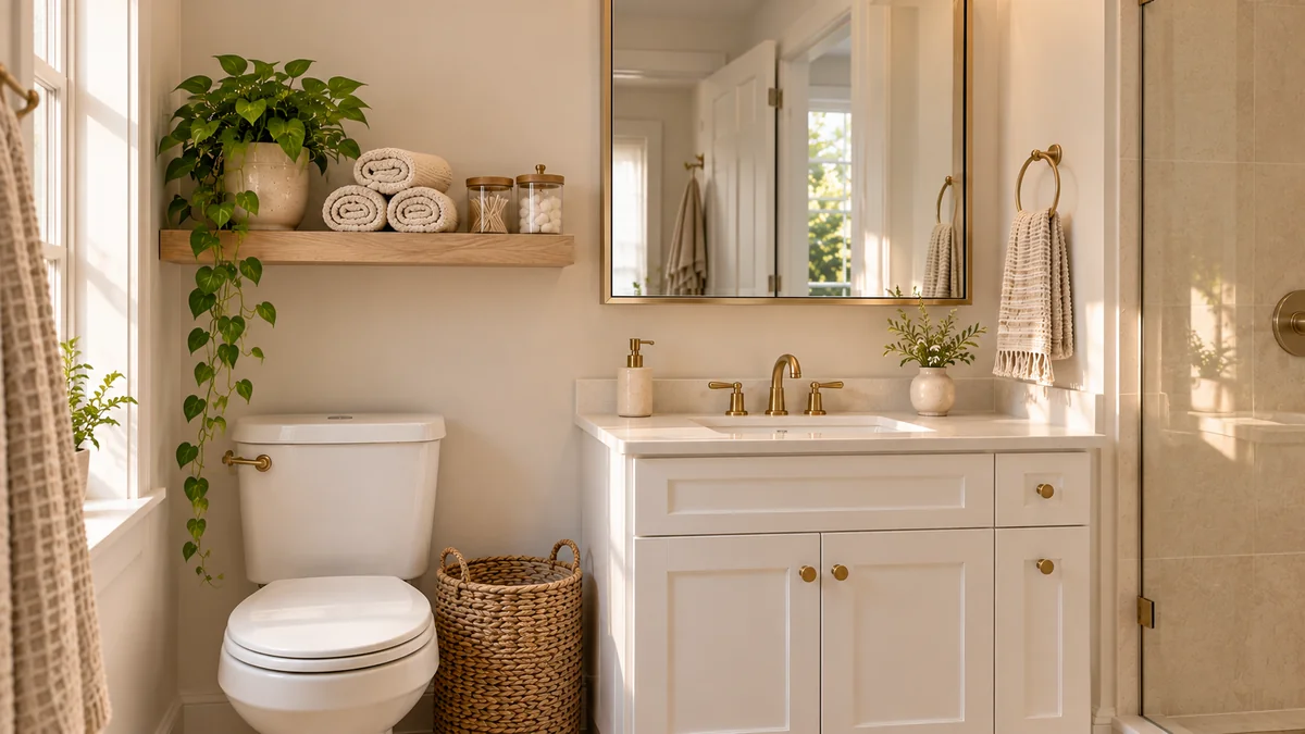A floating light oak shelf above the toilet holding folded towels and daily essentials, keeping the counter below clear