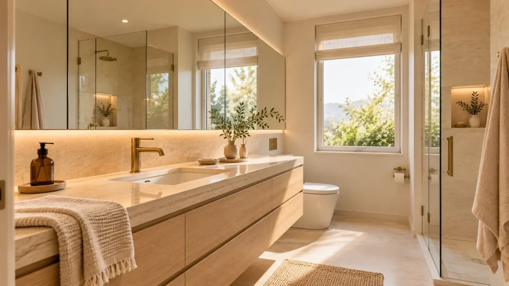Wall-to-wall mirror in a small bathroom