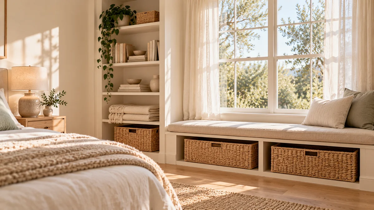 Small bedroom with built-in shelves holding baskets beside the window and a cushioned storage bench under it