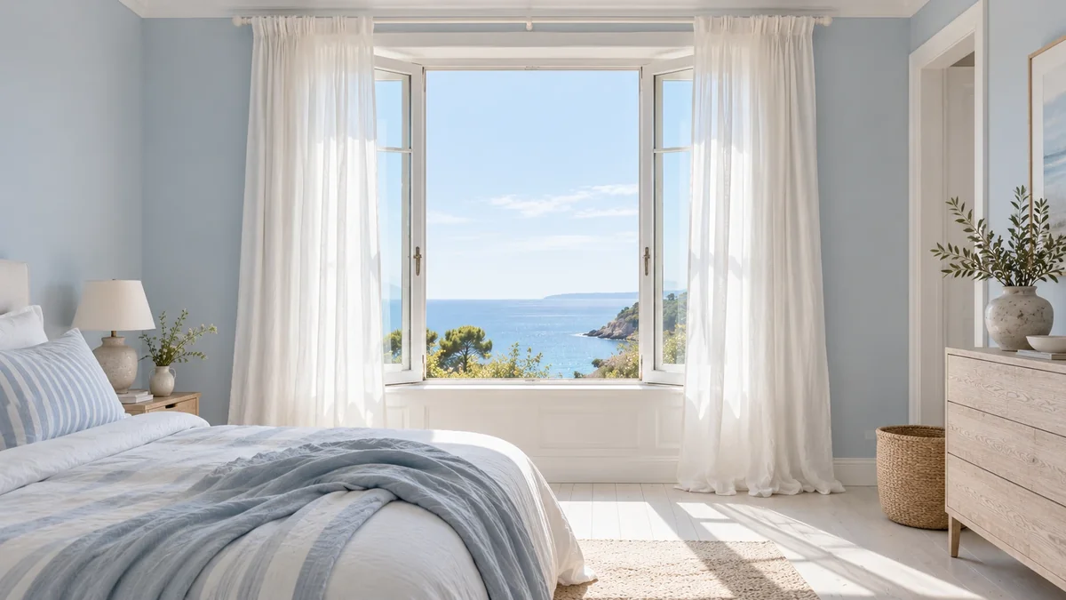 Small bedroom window with sheer linen curtains hung near the ceiling and extending past the window frame