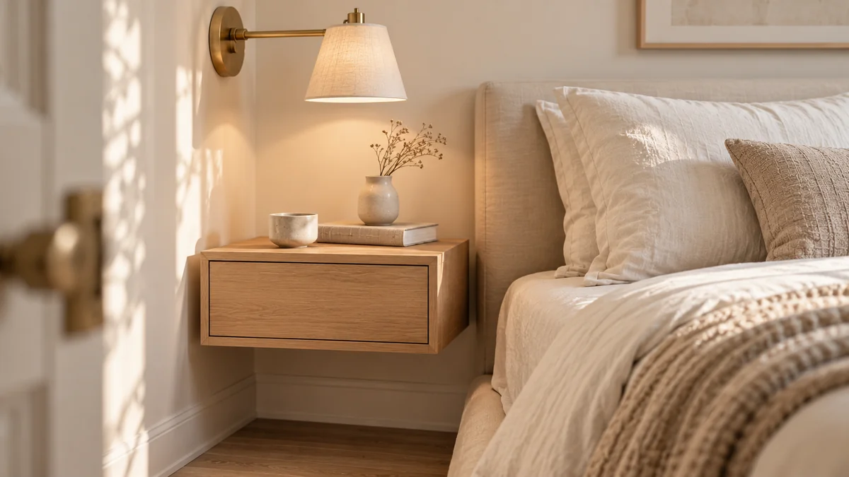 Floating wall-mounted nightstand with a wall sconce beside the bed in a small bedroom