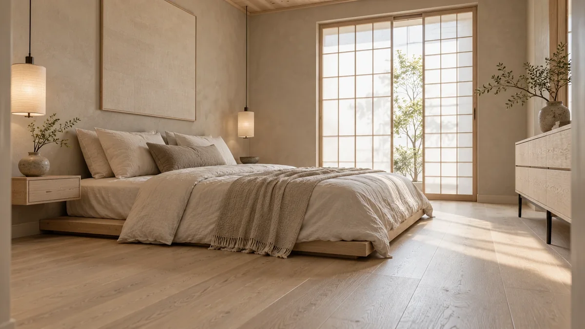 Small bedroom with a floating nightstand and a dresser on slim legs that keep the floor visible