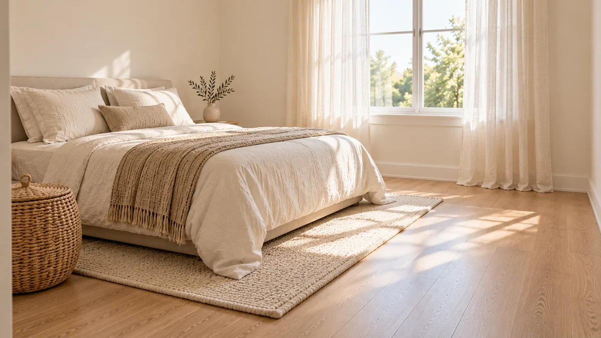 Budget small bedroom ideas: a tidy, decluttered bedroom with a made bed, a single basket, and an empty floor